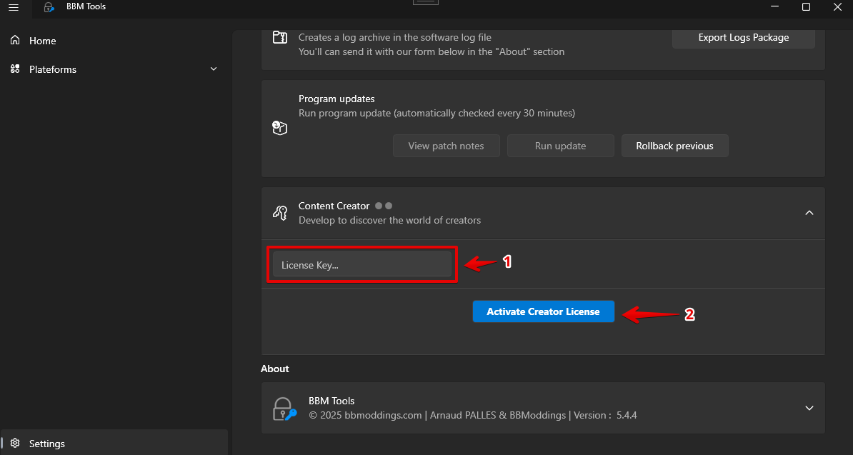 Paramètres Content Creator