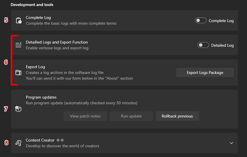 Page des paramètres